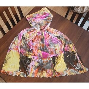 VTG Virginie Paris Watercolor Print One-Shoulder Pleated‎ Midi Dress Sz S